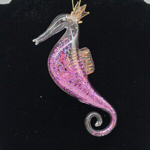 Glass Glitter Filled Seahorse Ornament With Gold Crown & Tail 5"